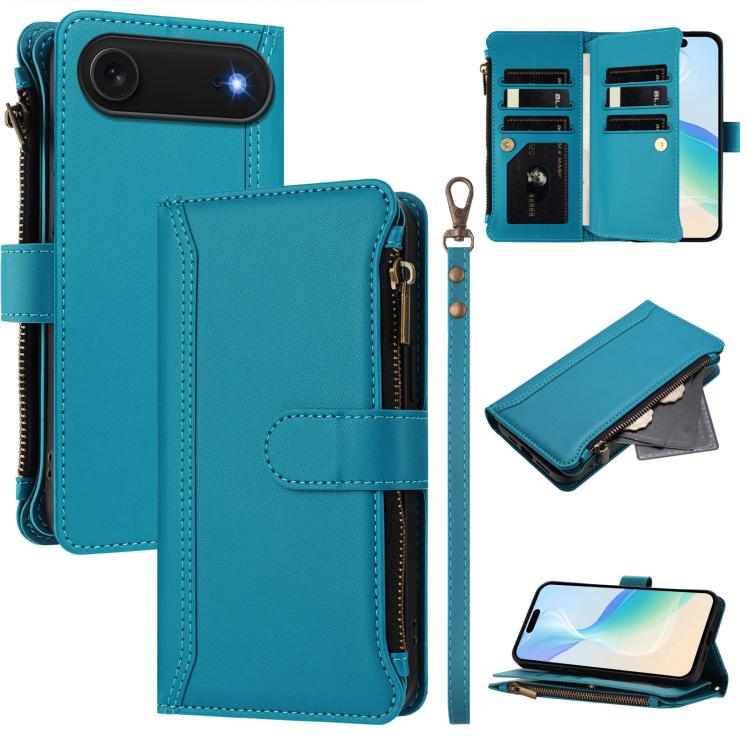 磁吸扣 9 卡槽拉鍊皮革手機殼附手帶，適用於 iPhone 17e / 16e、iPhone 17 Pro Max、iPhone 17 Pro、iPhone 17、iPhone Air、iPhone 16 Pro Max、iPhone 16 Pro、iPhone 16 Plus