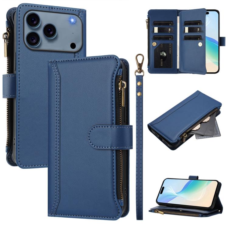 磁吸扣 9 卡槽拉鍊皮革手機殼附手帶，適用於 iPhone 17e / 16e、iPhone 17 Pro Max、iPhone 17 Pro、iPhone 17、iPhone Air、iPhone 16 Pro Max、iPhone 16 Pro、iPhone 16 Plus