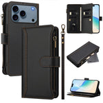磁吸扣 9 卡槽拉鍊皮革手機殼附手帶，適用於 iPhone 17e / 16e、iPhone 17 Pro Max、iPhone 17 Pro、iPhone 17、iPhone Air、iPhone 16 Pro Max、iPhone 16 Pro、iPhone 16 Plus