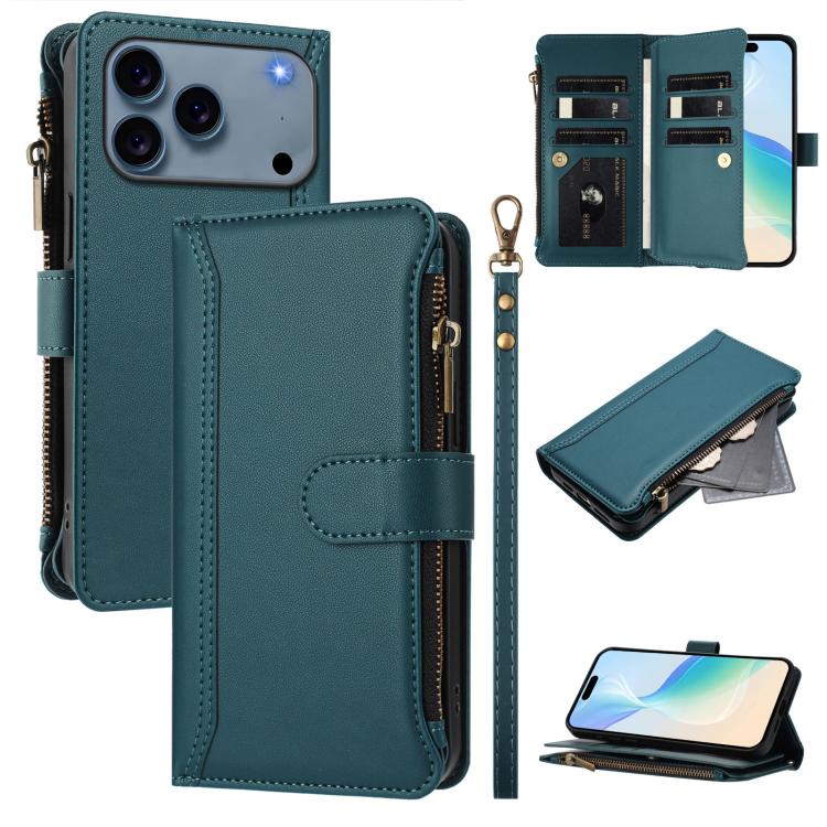 磁吸扣 9 卡槽拉鍊皮革手機殼附手帶，適用於 iPhone 17e / 16e、iPhone 17 Pro Max、iPhone 17 Pro、iPhone 17、iPhone Air、iPhone 16 Pro Max、iPhone 16 Pro、iPhone 16 Plus
