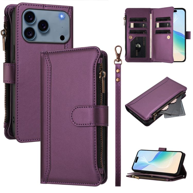 磁吸扣 9 卡槽拉鍊皮革手機殼附手帶，適用於 iPhone 17e / 16e、iPhone 17 Pro Max、iPhone 17 Pro、iPhone 17、iPhone Air、iPhone 16 Pro Max、iPhone 16 Pro、iPhone 16 Plus