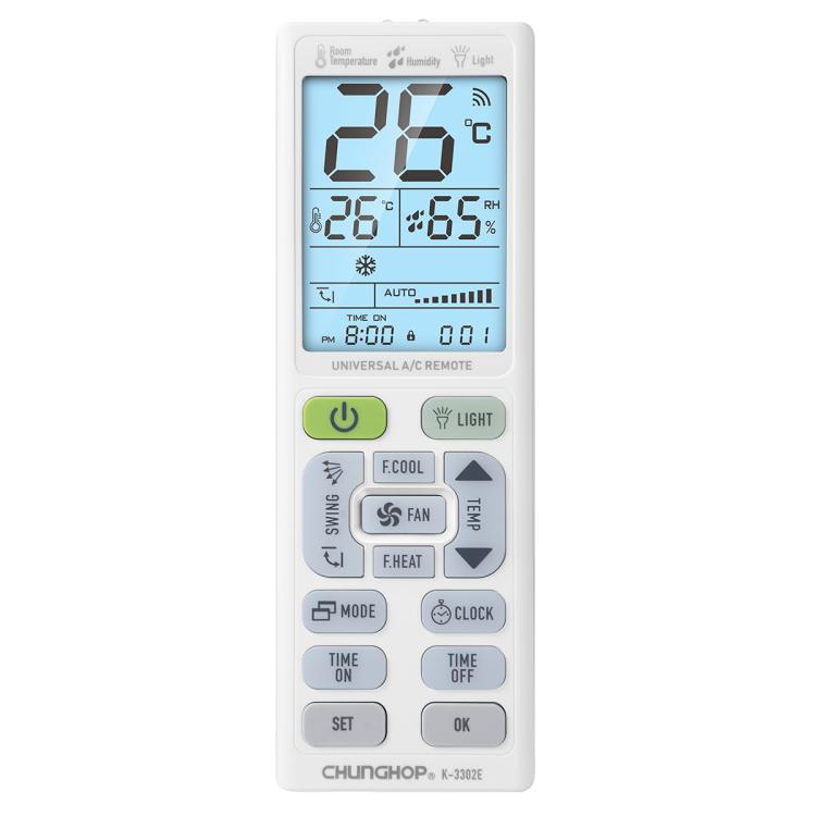CHUNGHOP K-3302E 通用空調遙控器，帶手電筒和 LCD 背光，K-3302E