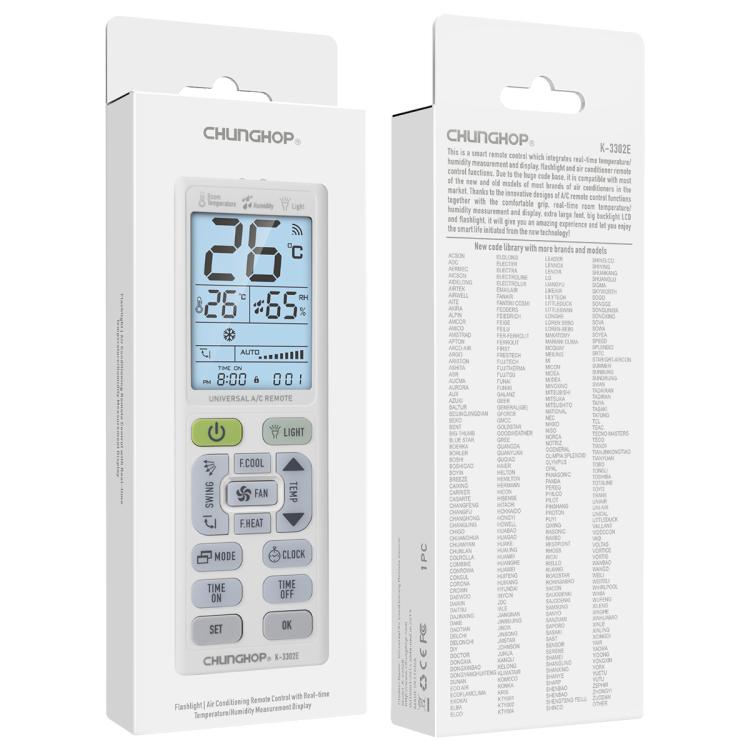 CHUNGHOP K-3302E 通用空調遙控器，帶手電筒和 LCD 背光，K-3302E