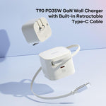 ROCK T90 PD35W Type-C 單埠 GaN 牆壁充電器，附 Type-C 可伸縮充電線，英規插頭，歐規插頭