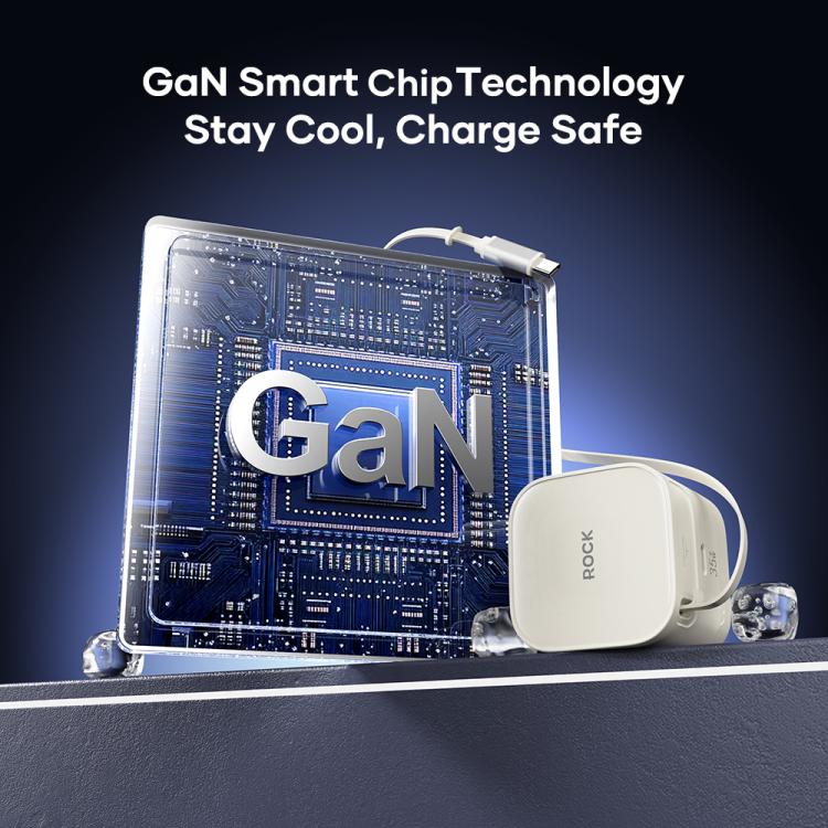 ROCK T90 PD35W Type-C 單埠 GaN 牆壁充電器，附 Type-C 可伸縮充電線，英規插頭，歐規插頭