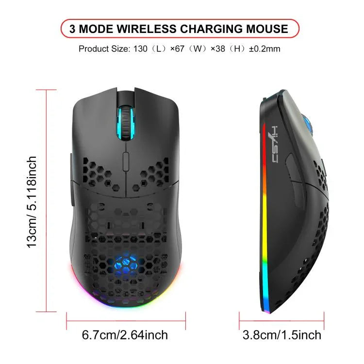 HXSJ T66 三模有線 2.4G BT5.3 無線 RGB 可充電滑鼠，T66