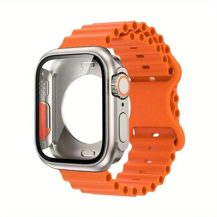 蝴蝶扣海洋矽膠錶帶，附整合式PC保護殼，適用於Apple Watch系列44mm、Apple Watch系列40mm、Apple Watch系列10 / 11 46mm、Apple Watch系列10 / 11 42mm、Apple Watch系列45mm