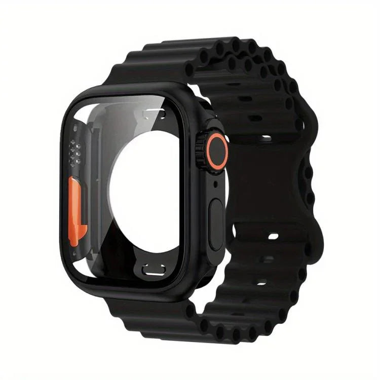 蝴蝶扣海洋矽膠錶帶，附整合式PC保護殼，適用於Apple Watch系列44mm、Apple Watch系列40mm、Apple Watch系列10 / 11 46mm、Apple Watch系列10 / 11 42mm、Apple Watch系列45mm