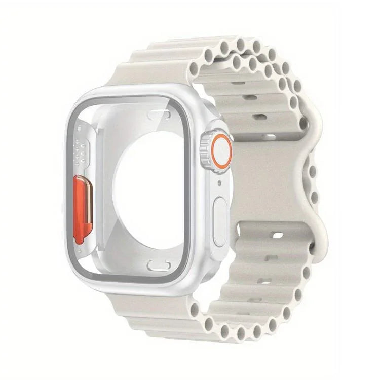 蝴蝶扣海洋矽膠錶帶，附整合式PC保護殼，適用於Apple Watch系列44mm、Apple Watch系列40mm、Apple Watch系列10 / 11 46mm、Apple Watch系列10 / 11 42mm、Apple Watch系列45mm