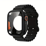蝴蝶扣海洋矽膠錶帶，附整合式PC保護殼，適用於Apple Watch系列44mm、Apple Watch系列40mm、Apple Watch系列10 / 11 46mm、Apple Watch系列10 / 11 42mm、Apple Watch系列45mm