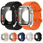 蝴蝶扣海洋矽膠錶帶，附整合式PC保護殼，適用於Apple Watch系列44mm、Apple Watch系列40mm、Apple Watch系列10 / 11 46mm、Apple Watch系列10 / 11 42mm、Apple Watch系列45mm