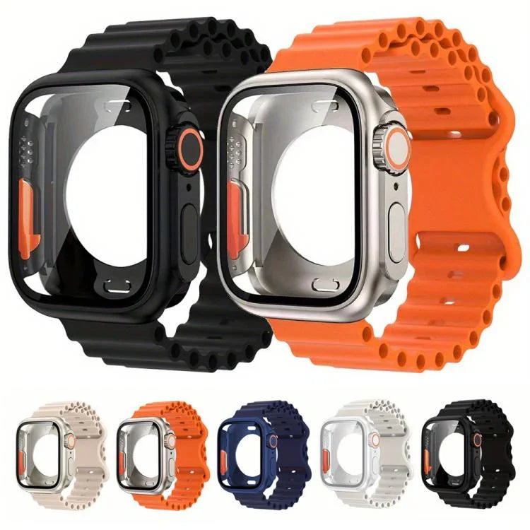 蝴蝶扣海洋矽膠錶帶，附整合式PC保護殼，適用於Apple Watch系列44mm、Apple Watch系列40mm、Apple Watch系列10 / 11 46mm、Apple Watch系列10 / 11 42mm、Apple Watch系列45mm