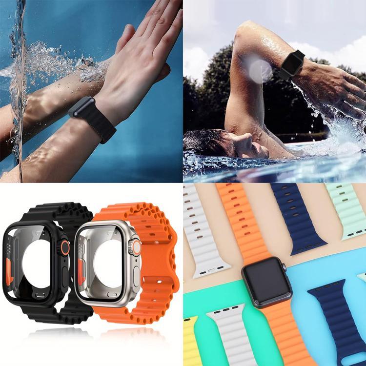 蝴蝶扣海洋矽膠錶帶，附整合式PC保護殼，適用於Apple Watch系列44mm、Apple Watch系列40mm、Apple Watch系列10 / 11 46mm、Apple Watch系列10 / 11 42mm、Apple Watch系列45mm