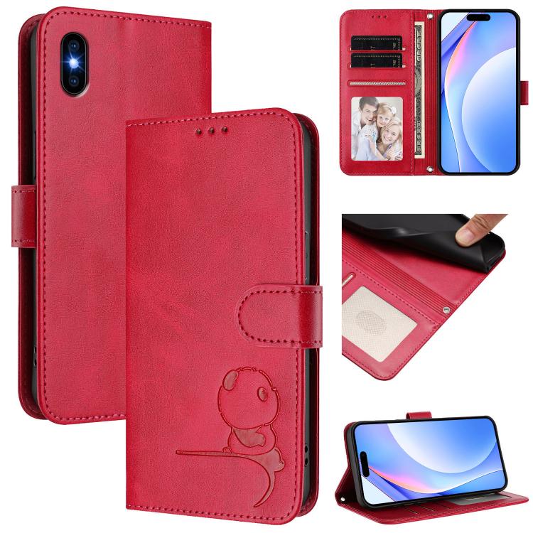小熊貓浮雕RFID皮革手機殼附掛繩，適用於iPhone 11 Pro Max、iPhone 11、iPhone 11 Pro、iPhone X / XS、iPhone XR、iPhone XS Max、iPhone 8 Plus / 7 Plus