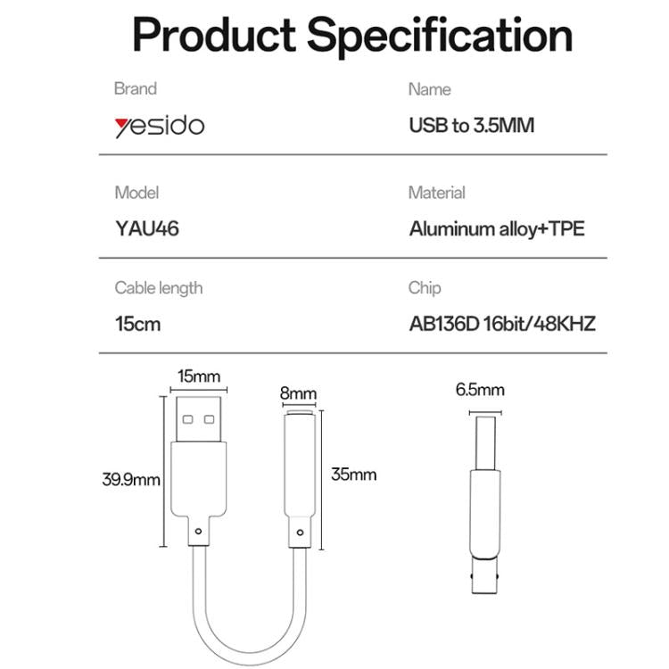 Yesido YAU46 USB轉3.5毫米鋁合金音頻轉接器，YAU46