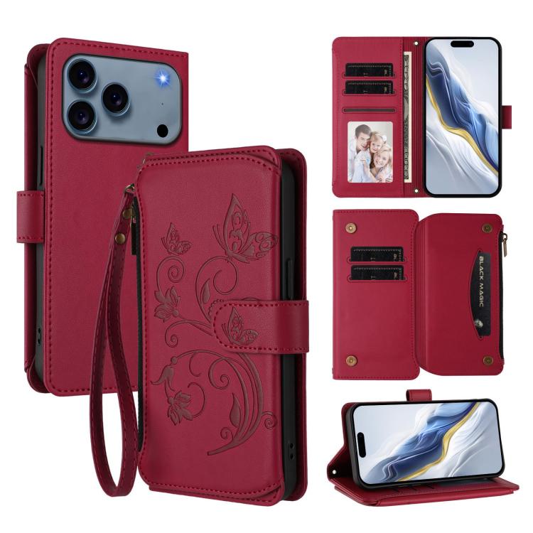 蝴蝶愛花多卡拉鍊錢包皮革手機殼，適用於 iPhone 17e / 16e、iPhone 17 Pro Max、iPhone 17 Pro、iPhone 17、iPhone Air、iPhone 16 Pro Max