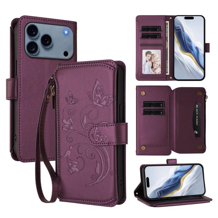 蝴蝶愛花多卡拉鍊錢包皮革手機殼，適用於 iPhone 17e / 16e、iPhone 17 Pro Max、iPhone 17 Pro、iPhone 17、iPhone Air、iPhone 16 Pro Max