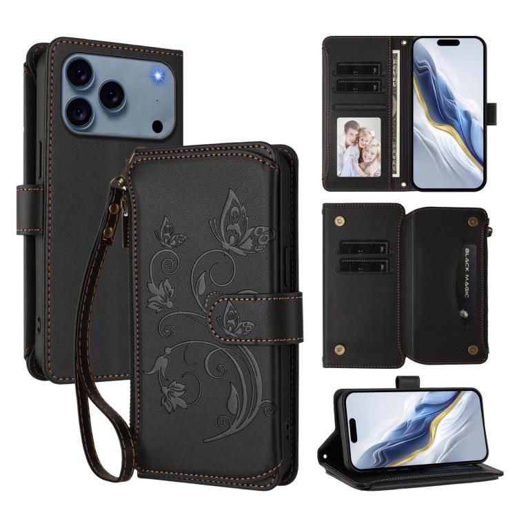 蝴蝶愛花多卡拉鍊錢包皮革手機殼，適用於 iPhone 17e / 16e、iPhone 17 Pro Max、iPhone 17 Pro、iPhone 17、iPhone Air、iPhone 16 Pro Max