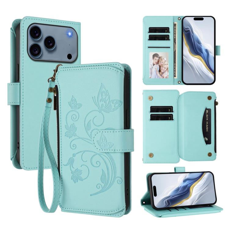 蝴蝶愛花多卡拉鍊錢包皮革手機殼，適用於 iPhone 17e / 16e、iPhone 17 Pro Max、iPhone 17 Pro、iPhone 17、iPhone Air、iPhone 16 Pro Max