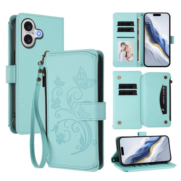 蝴蝶愛花多卡拉鍊錢包皮革手機殼，適用於 iPhone 17e / 16e、iPhone 17 Pro Max、iPhone 17 Pro、iPhone 17、iPhone Air、iPhone 16 Pro Max