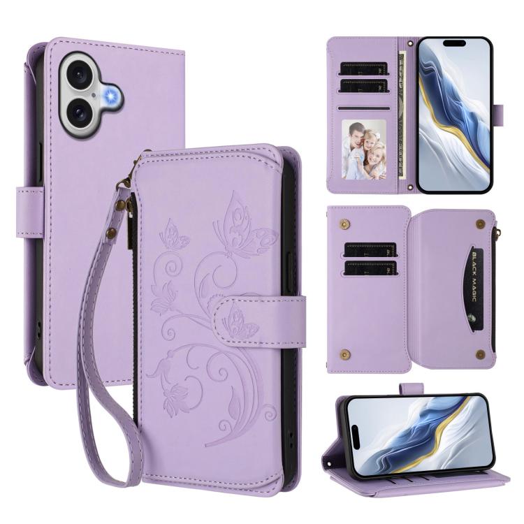 蝴蝶愛花多卡拉鍊錢包皮革手機殼，適用於 iPhone 17e / 16e、iPhone 17 Pro Max、iPhone 17 Pro、iPhone 17、iPhone Air、iPhone 16 Pro Max