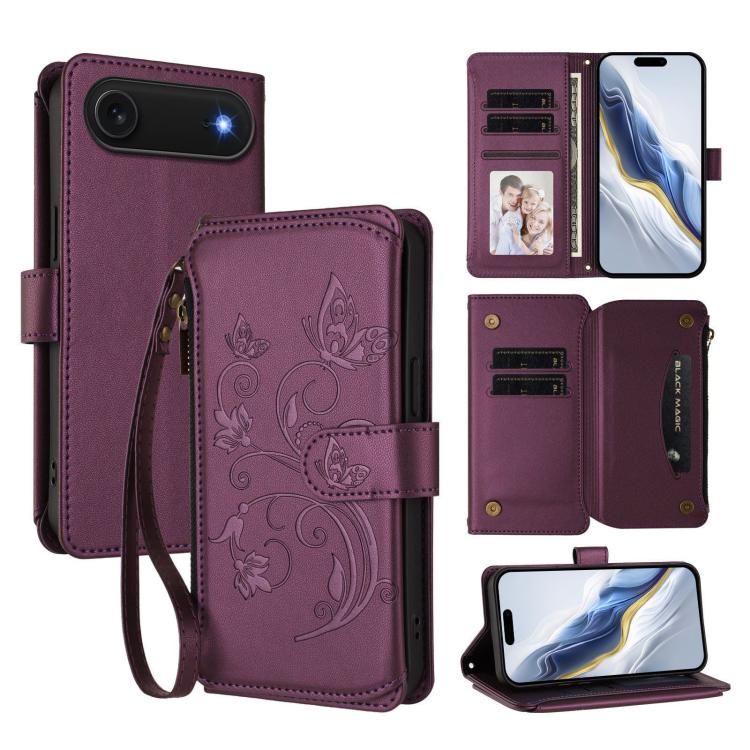 蝴蝶愛花多卡拉鍊錢包皮革手機殼，適用於 iPhone 17e / 16e、iPhone 17 Pro Max、iPhone 17 Pro、iPhone 17、iPhone Air、iPhone 16 Pro Max