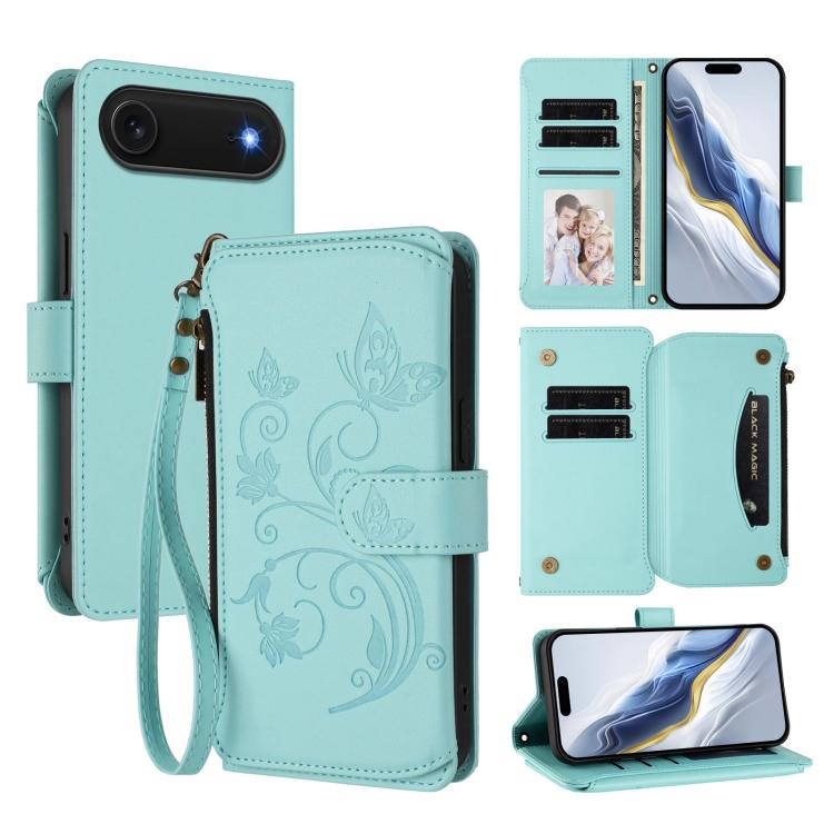 蝴蝶愛花多卡拉鍊錢包皮革手機殼，適用於 iPhone 17e / 16e、iPhone 17 Pro Max、iPhone 17 Pro、iPhone 17、iPhone Air、iPhone 16 Pro Max
