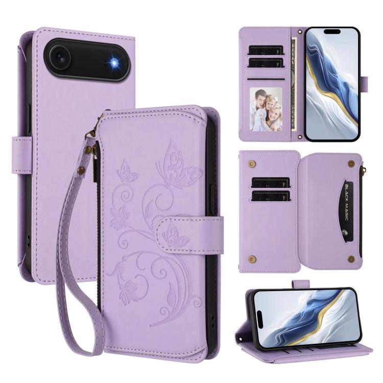 蝴蝶愛花多卡拉鍊錢包皮革手機殼，適用於 iPhone 17e / 16e、iPhone 17 Pro Max、iPhone 17 Pro、iPhone 17、iPhone Air、iPhone 16 Pro Max