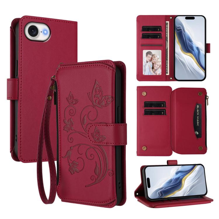 蝴蝶愛花多卡拉鍊錢包皮革手機殼，適用於 iPhone 17e / 16e、iPhone 17 Pro Max、iPhone 17 Pro、iPhone 17、iPhone Air、iPhone 16 Pro Max