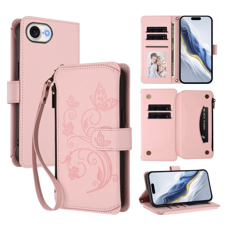 蝴蝶愛花多卡拉鍊錢包皮革手機殼，適用於 iPhone 17e / 16e、iPhone 17 Pro Max、iPhone 17 Pro、iPhone 17、iPhone Air、iPhone 16 Pro Max
