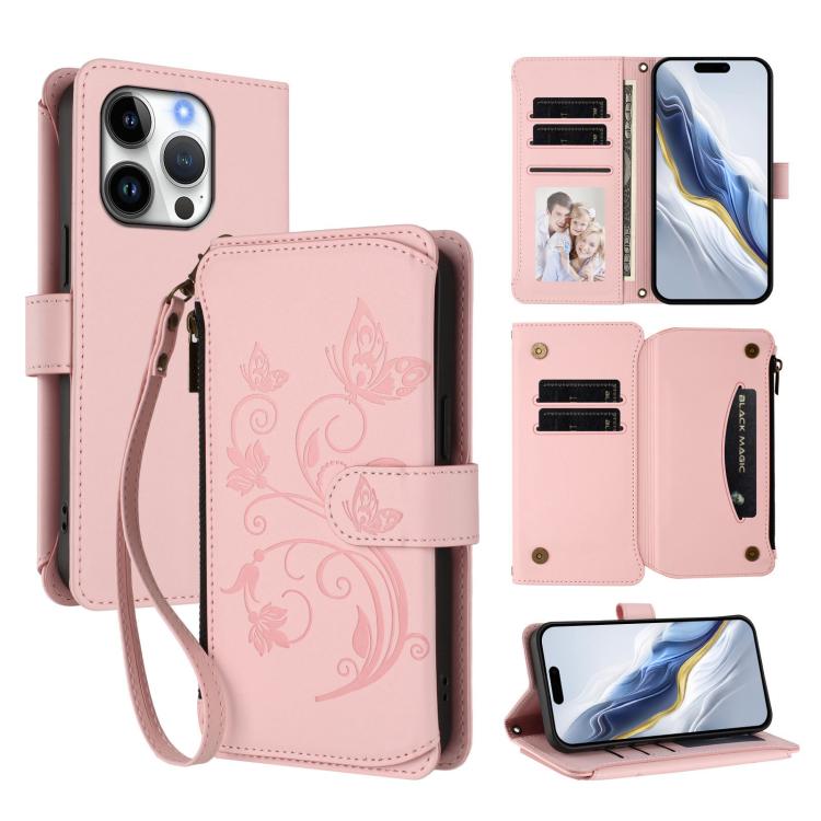 蝴蝶愛花多卡拉鍊錢包皮革手機殼，適用於 iPhone 17e / 16e、iPhone 17 Pro Max、iPhone 17 Pro、iPhone 17、iPhone Air、iPhone 16 Pro Max
