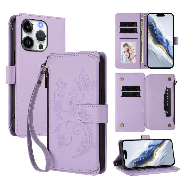 蝴蝶愛花多卡拉鍊錢包皮革手機殼，適用於 iPhone 17e / 16e、iPhone 17 Pro Max、iPhone 17 Pro、iPhone 17、iPhone Air、iPhone 16 Pro Max