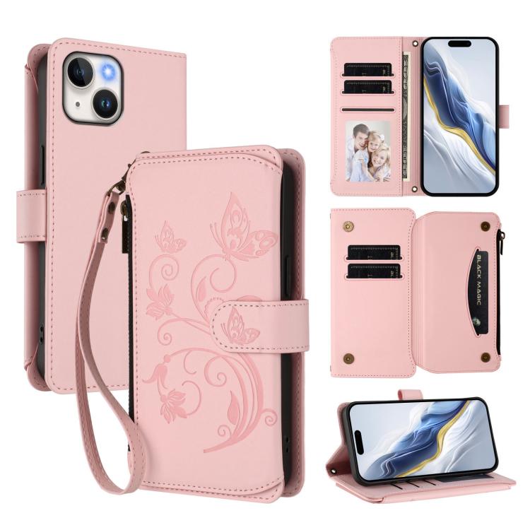 蝴蝶愛心花多卡拉鍊錢包皮革手機殼，適用於 iPhone 15、iPhone 14 Plus、iPhone 14 / 13、iPhone 14 Pro、iPhone 14 Pro Max、iPhone 7 / 8 / SE 2022