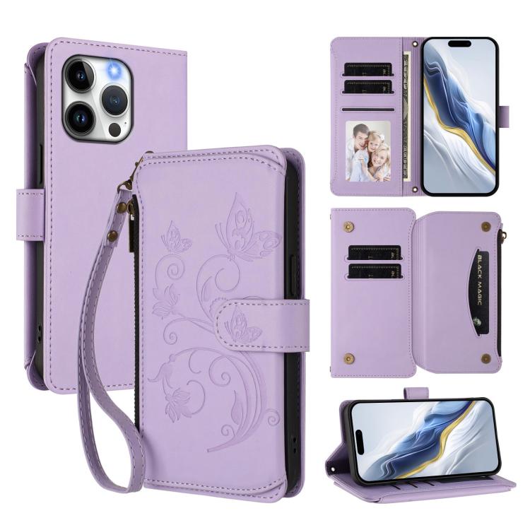 蝴蝶愛心花多卡拉鍊錢包皮革手機殼，適用於 iPhone 15、iPhone 14 Plus、iPhone 14 / 13、iPhone 14 Pro、iPhone 14 Pro Max、iPhone 7 / 8 / SE 2022