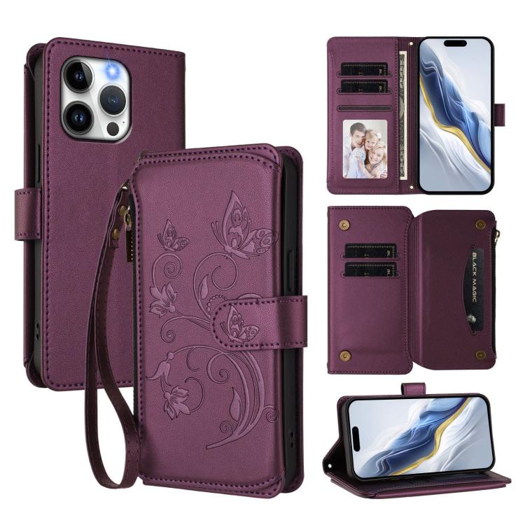 蝴蝶愛心花多卡拉鍊錢包皮革手機殼，適用於 iPhone 15、iPhone 14 Plus、iPhone 14 / 13、iPhone 14 Pro、iPhone 14 Pro Max、iPhone 7 / 8 / SE 2022