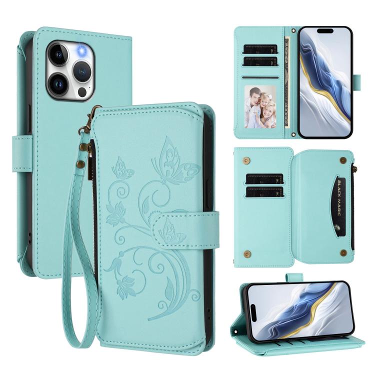 蝴蝶愛心花多卡拉鍊錢包皮革手機殼，適用於 iPhone 15、iPhone 14 Plus、iPhone 14 / 13、iPhone 14 Pro、iPhone 14 Pro Max、iPhone 7 / 8 / SE 2022