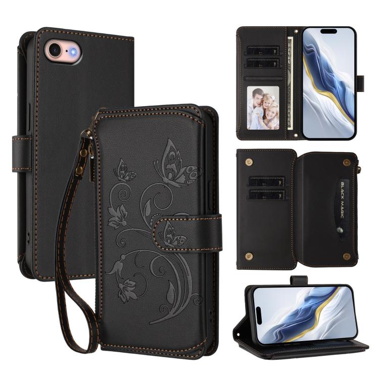 蝴蝶愛心花多卡拉鍊錢包皮革手機殼，適用於 iPhone 15、iPhone 14 Plus、iPhone 14 / 13、iPhone 14 Pro、iPhone 14 Pro Max、iPhone 7 / 8 / SE 2022