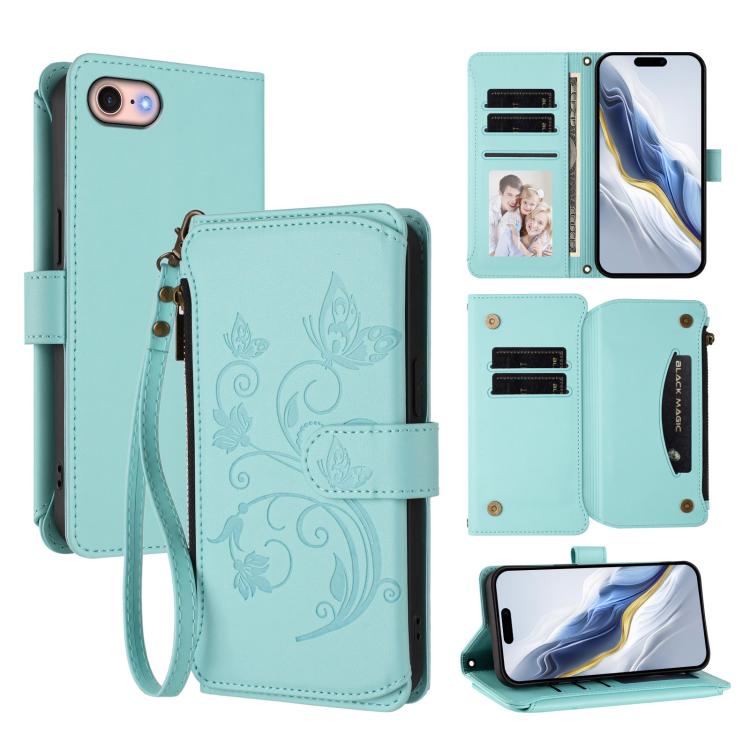 蝴蝶愛心花多卡拉鍊錢包皮革手機殼，適用於 iPhone 15、iPhone 14 Plus、iPhone 14 / 13、iPhone 14 Pro、iPhone 14 Pro Max、iPhone 7 / 8 / SE 2022