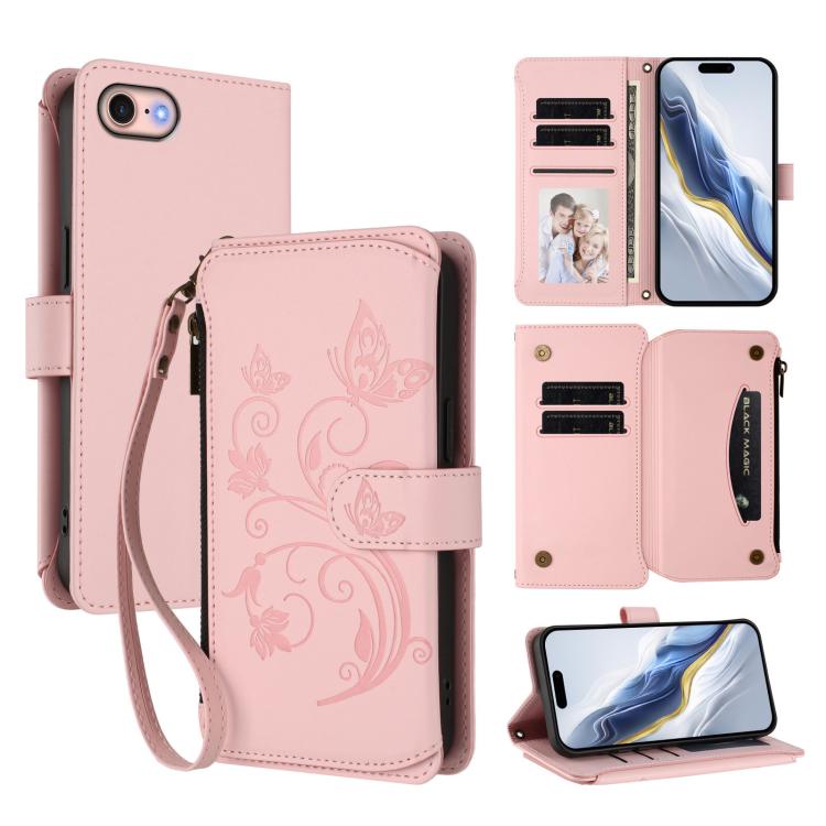 蝴蝶愛心花多卡拉鍊錢包皮革手機殼，適用於 iPhone 15、iPhone 14 Plus、iPhone 14 / 13、iPhone 14 Pro、iPhone 14 Pro Max、iPhone 7 / 8 / SE 2022