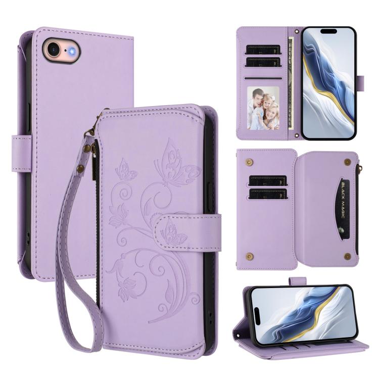 蝴蝶愛心花多卡拉鍊錢包皮革手機殼，適用於 iPhone 15、iPhone 14 Plus、iPhone 14 / 13、iPhone 14 Pro、iPhone 14 Pro Max、iPhone 7 / 8 / SE 2022