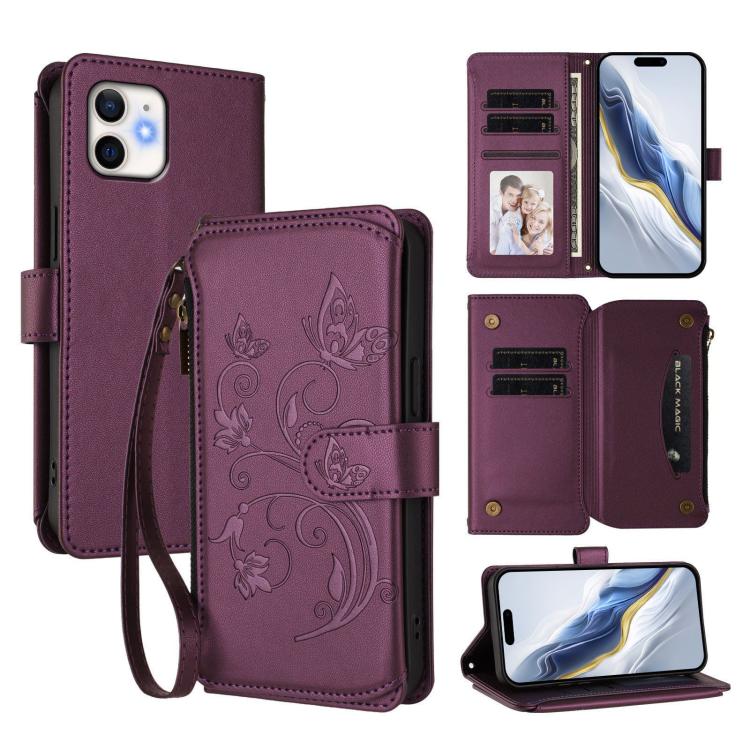 蝴蝶愛花多卡拉鍊錢包皮革手機殼，適用於 iPhone 11 Pro Max，適用於 iPhone 11，適用於 iPhone 11 Pro，適用於 iPhone X / XS，適用於 iPhone XR，適用於 iPhone XS Max