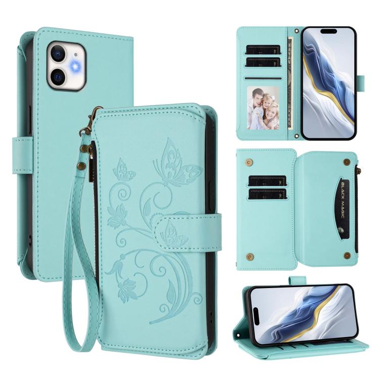 蝴蝶愛花多卡拉鍊錢包皮革手機殼，適用於 iPhone 11 Pro Max，適用於 iPhone 11，適用於 iPhone 11 Pro，適用於 iPhone X / XS，適用於 iPhone XR，適用於 iPhone XS Max