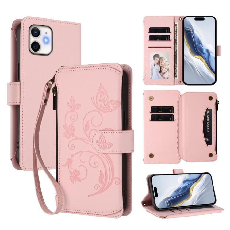 蝴蝶愛花多卡拉鍊錢包皮革手機殼，適用於 iPhone 11 Pro Max，適用於 iPhone 11，適用於 iPhone 11 Pro，適用於 iPhone X / XS，適用於 iPhone XR，適用於 iPhone XS Max