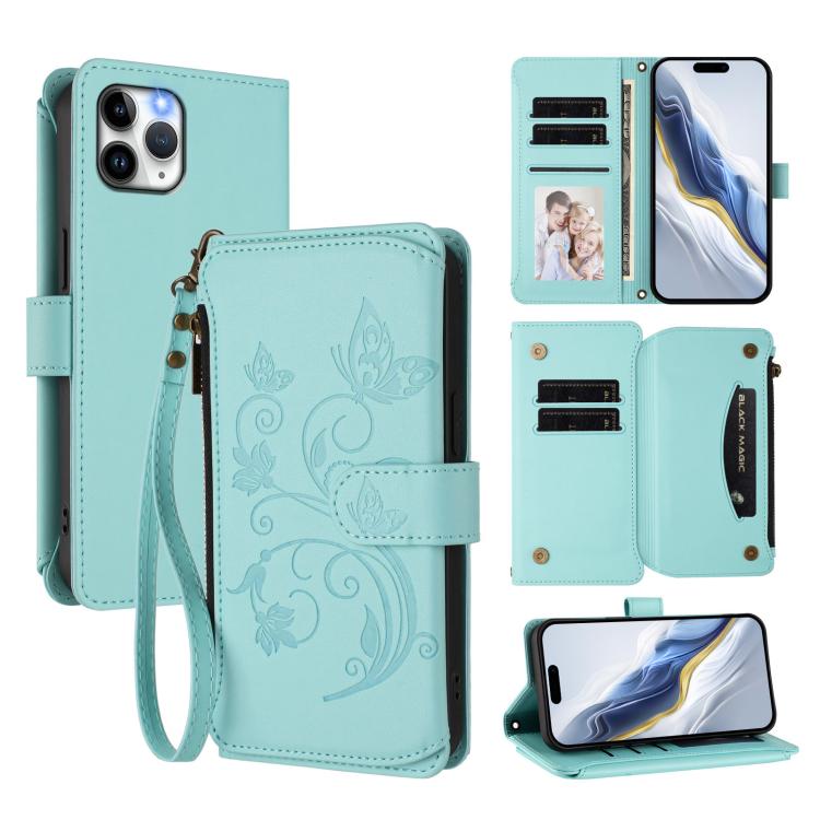 蝴蝶愛花多卡拉鍊錢包皮革手機殼，適用於 iPhone 11 Pro Max，適用於 iPhone 11，適用於 iPhone 11 Pro，適用於 iPhone X / XS，適用於 iPhone XR，適用於 iPhone XS Max