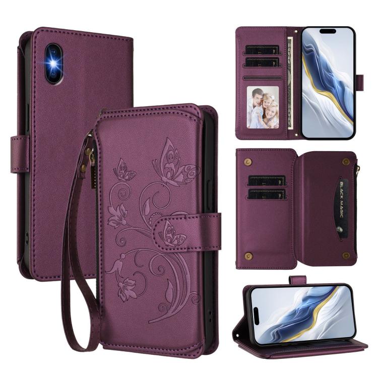 蝴蝶愛花多卡拉鍊錢包皮革手機殼，適用於 iPhone 11 Pro Max，適用於 iPhone 11，適用於 iPhone 11 Pro，適用於 iPhone X / XS，適用於 iPhone XR，適用於 iPhone XS Max