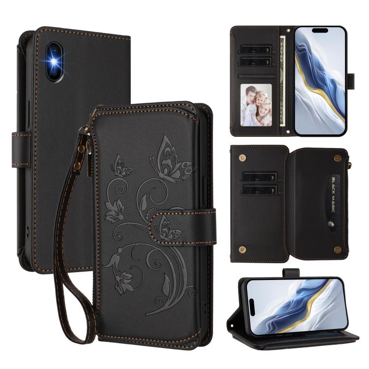 蝴蝶愛花多卡拉鍊錢包皮革手機殼，適用於 iPhone 11 Pro Max，適用於 iPhone 11，適用於 iPhone 11 Pro，適用於 iPhone X / XS，適用於 iPhone XR，適用於 iPhone XS Max