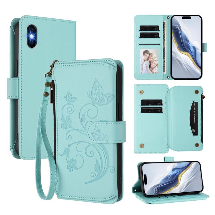 蝴蝶愛花多卡拉鍊錢包皮革手機殼，適用於 iPhone 11 Pro Max，適用於 iPhone 11，適用於 iPhone 11 Pro，適用於 iPhone X / XS，適用於 iPhone XR，適用於 iPhone XS Max