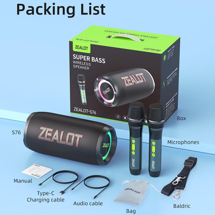 Zealot S76 50W 便攜戶外 RGB 藍牙喇叭，附 2 支麥克風，附 1 支麥克風，不含麥克風