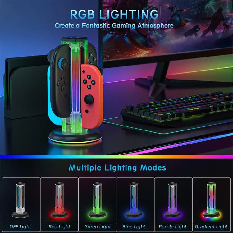 JYS NS2318 4合1遊戲手柄充電座帶RGB燈，適用於Nintendo Switch 1 / 2，JYS-NS2318