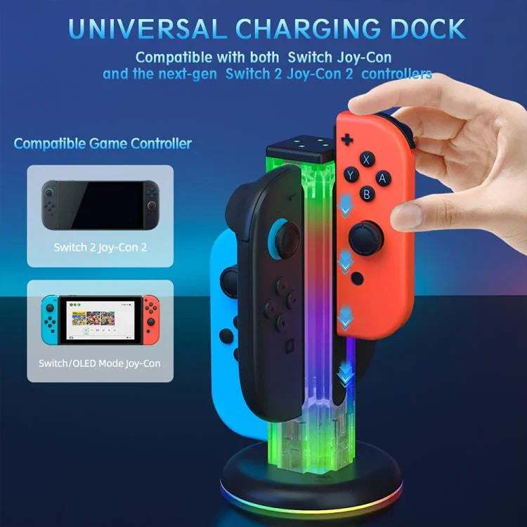 JYS NS2318 4合1遊戲手柄充電座帶RGB燈，適用於Nintendo Switch 1 / 2，JYS-NS2318
